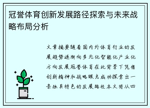 冠誉体育创新发展路径探索与未来战略布局分析