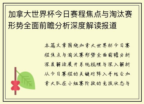 加拿大世界杯今日赛程焦点与淘汰赛形势全面前瞻分析深度解读报道